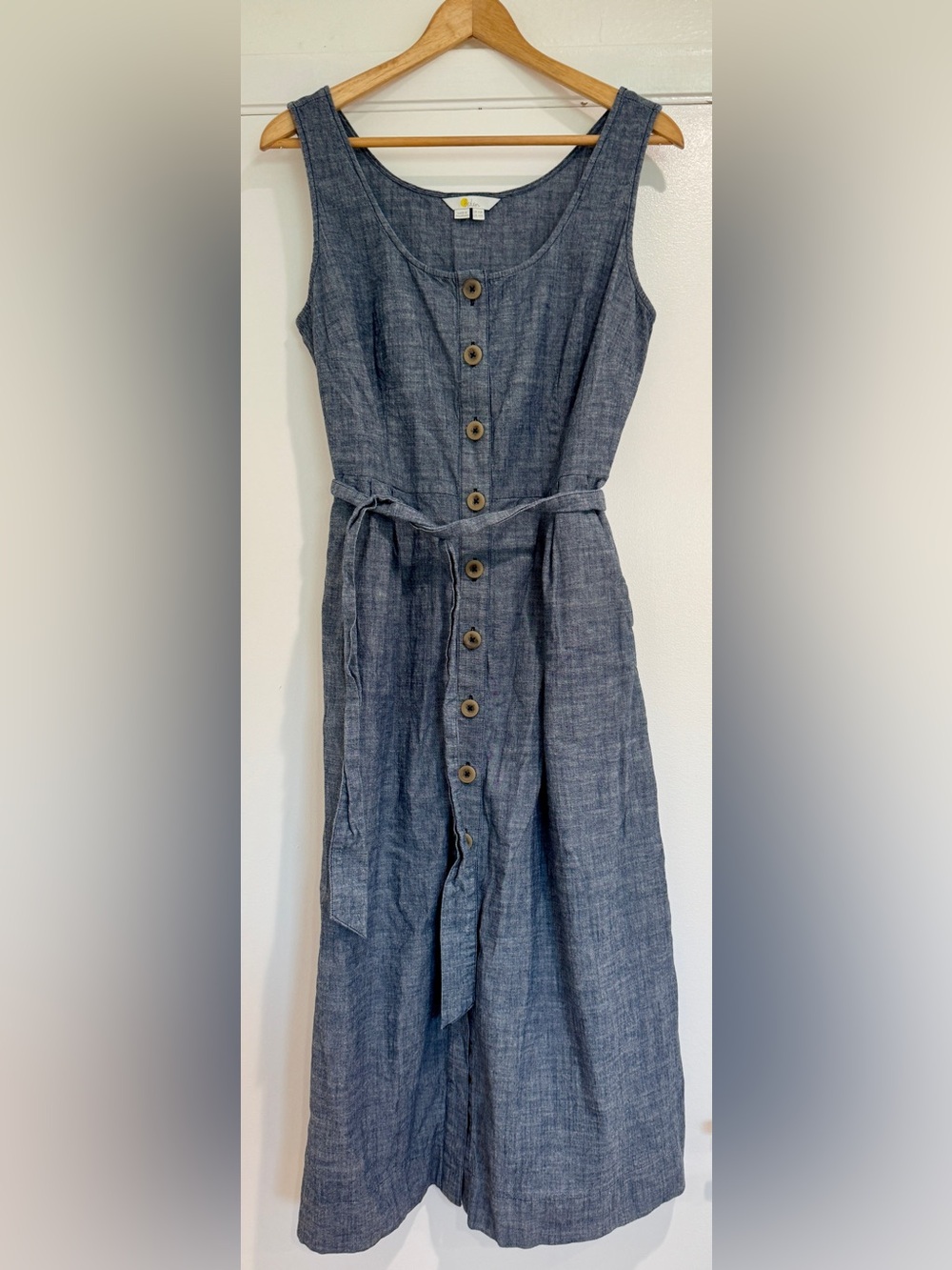 Boden Coastal Grandmother Blue Cotton Chambray Button Front Midi Dress Belted 10